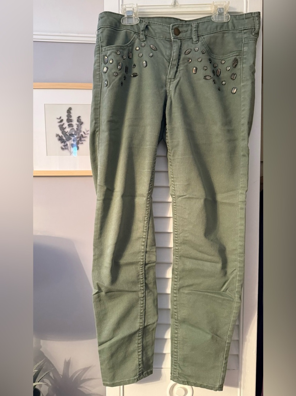 H&M Olive Green Skinny Jeans with Rhinestone Accents